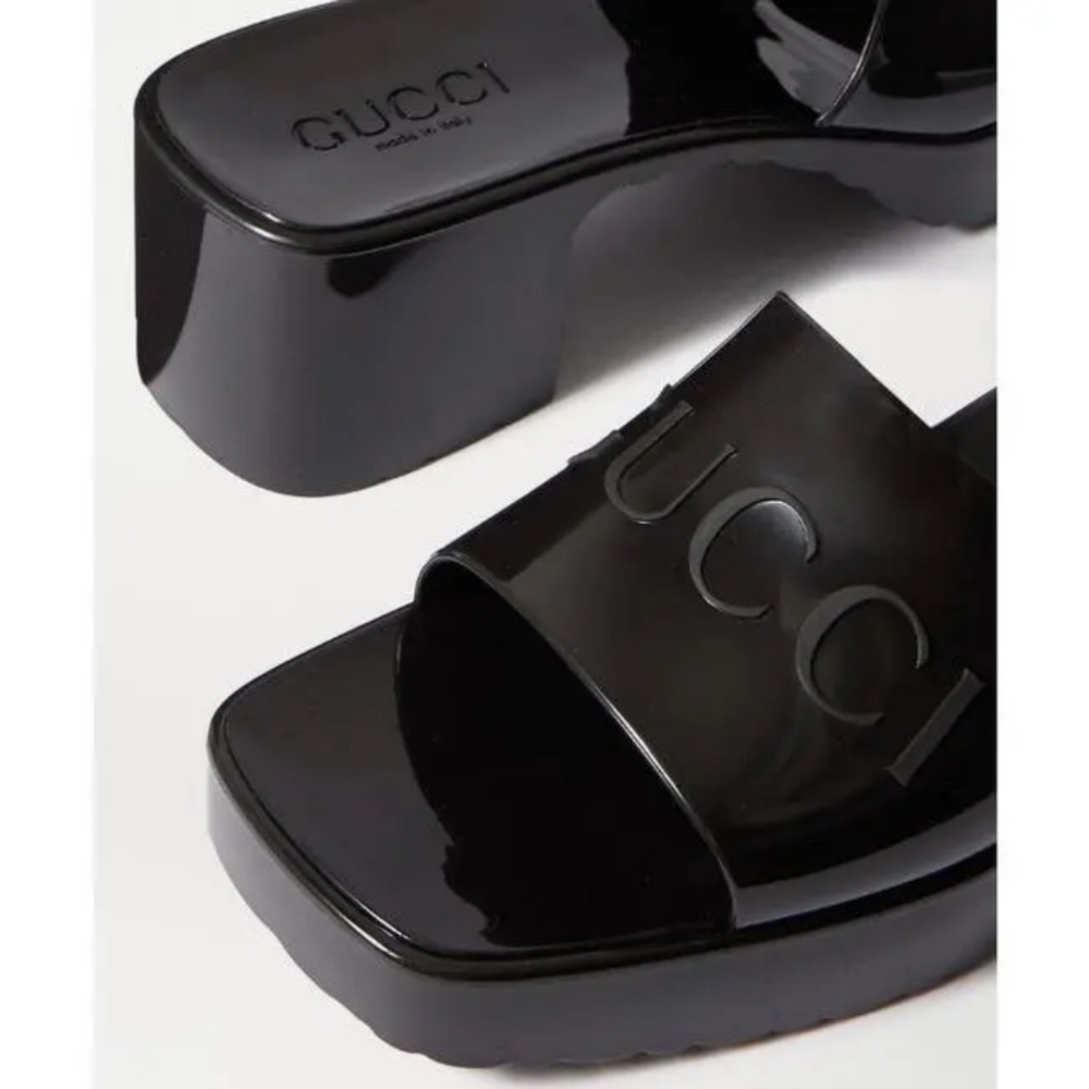 GUCCI Plastique Logo Rubber Heeled Mule Sandals Black Resortwear Minimalist US 8 - Picture 6 of 16